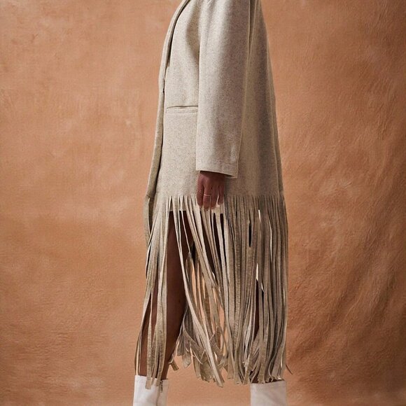 Light Grey Casual Women's Long Sleeves Fringed Hem Tweed Coat - Picture 5 of 8